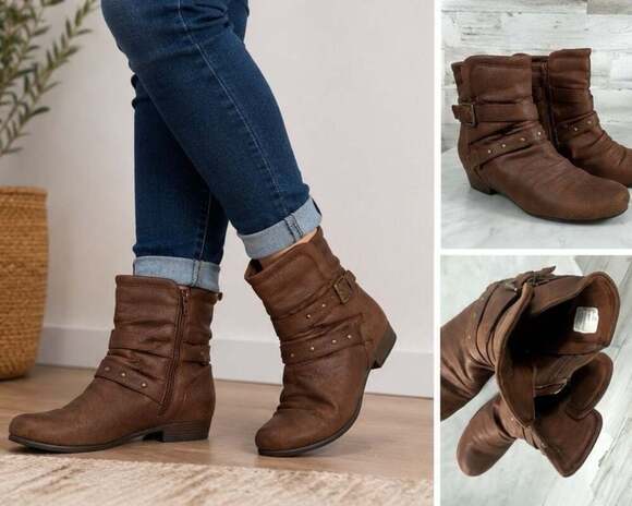 Jessica Cline Shoes - Jessica Cline Women’s 8M Brown Faux Leather Slouch Ankle Boots Buckle Studded